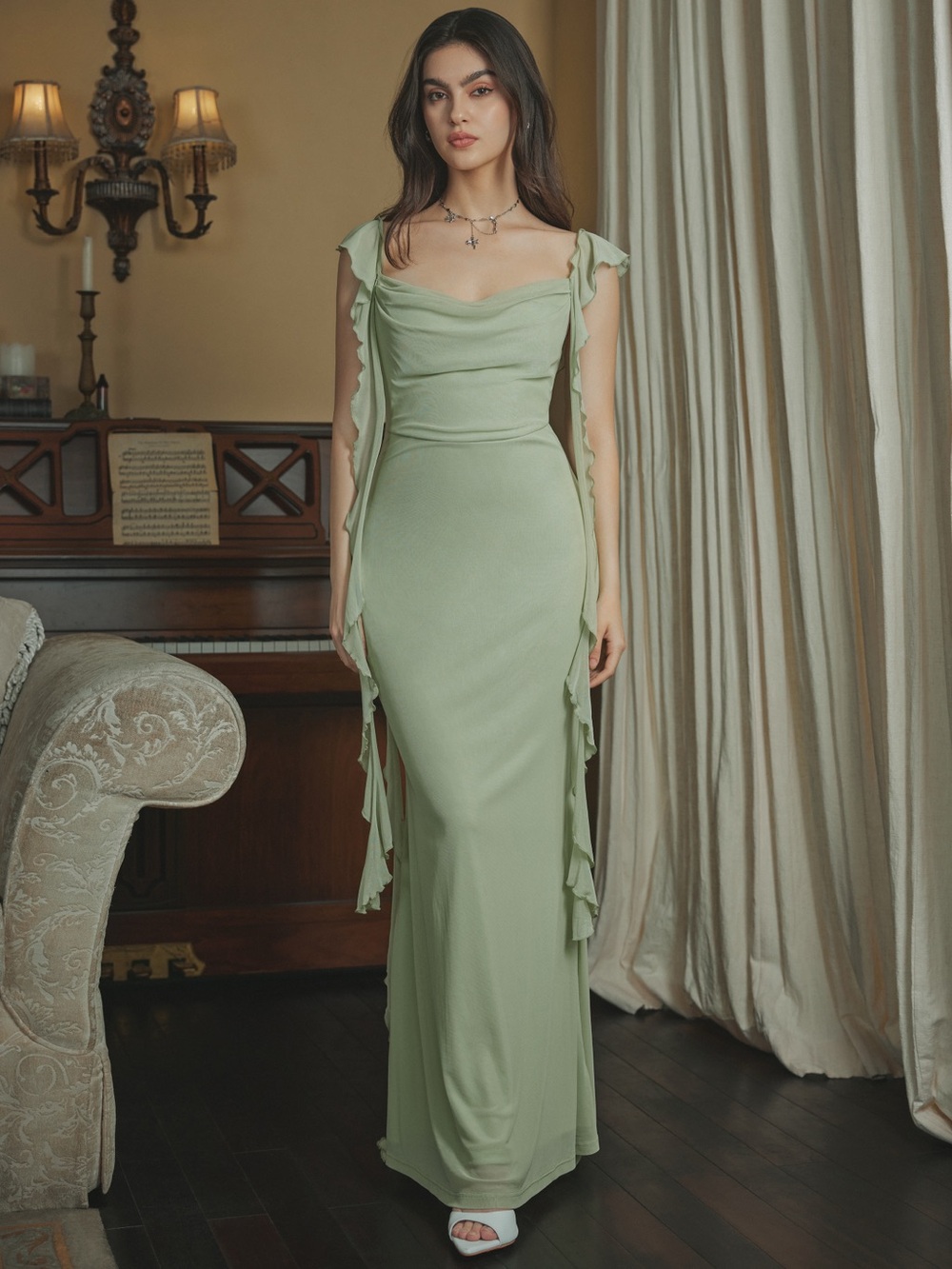 CIDER NWT SATIN COWL NECK RUFFLE DRESS SAGE GREEN MEDIUM